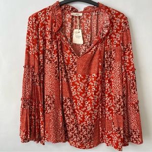 Andthewhy Red Floral Boho Bell Sleeve Blouse Top NWT
